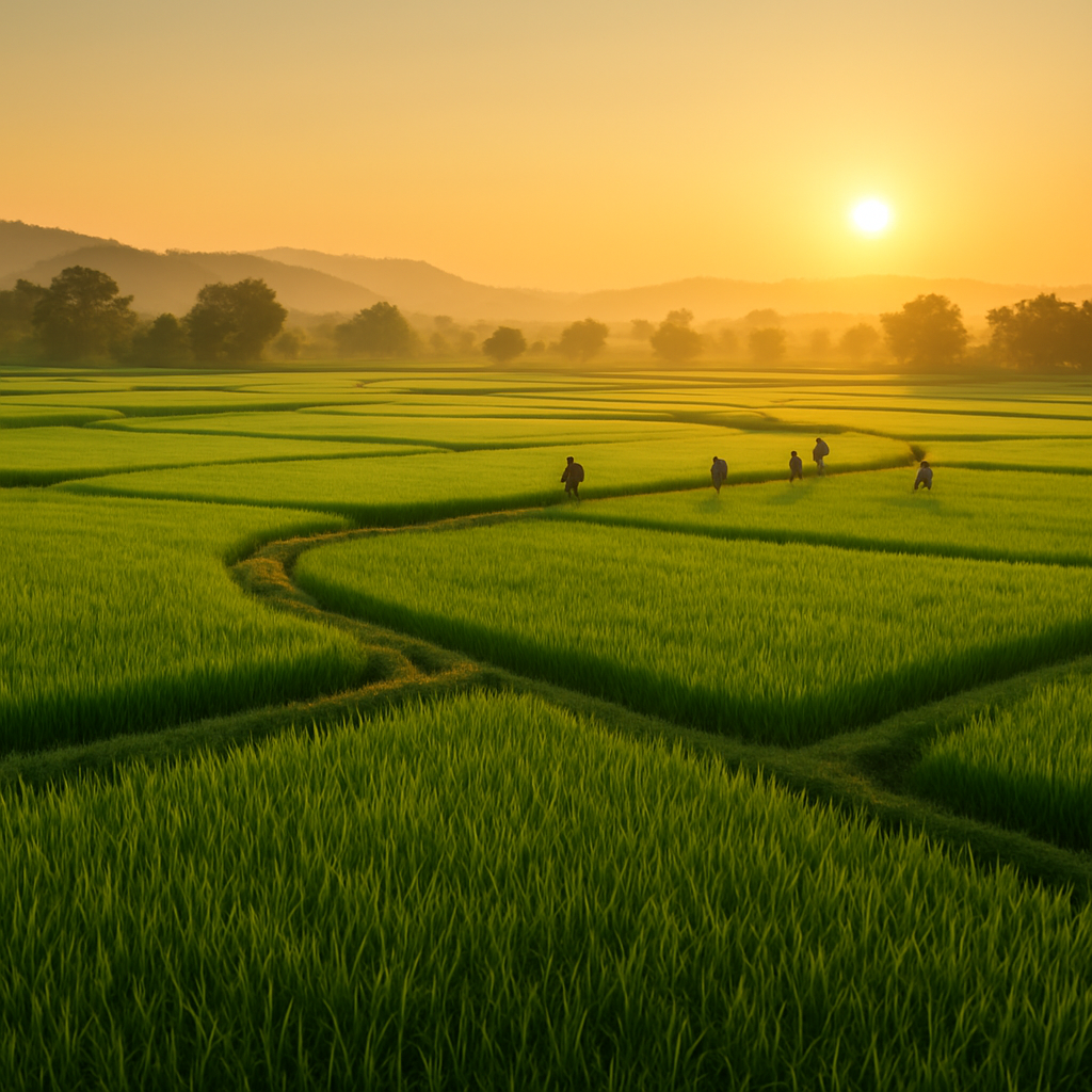 Lush green Indian agricultural fields at sunrise