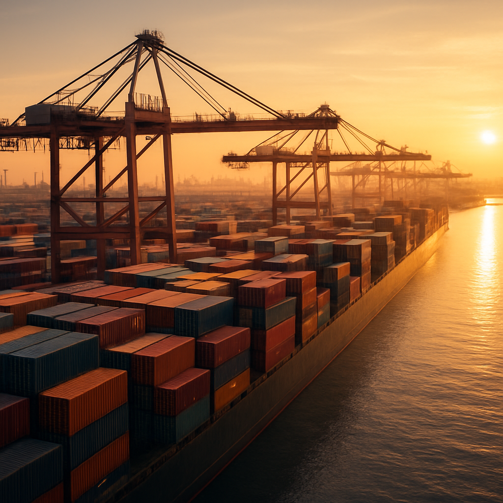 International shipping port at golden hour